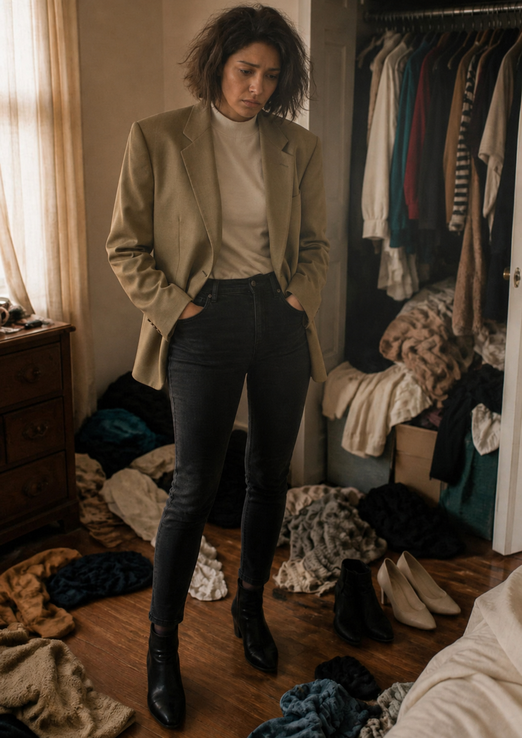 Woman standing in a cluttered bedroom wearing an oversized beige blazer, white turtleneck, and black jeans — before Clueless